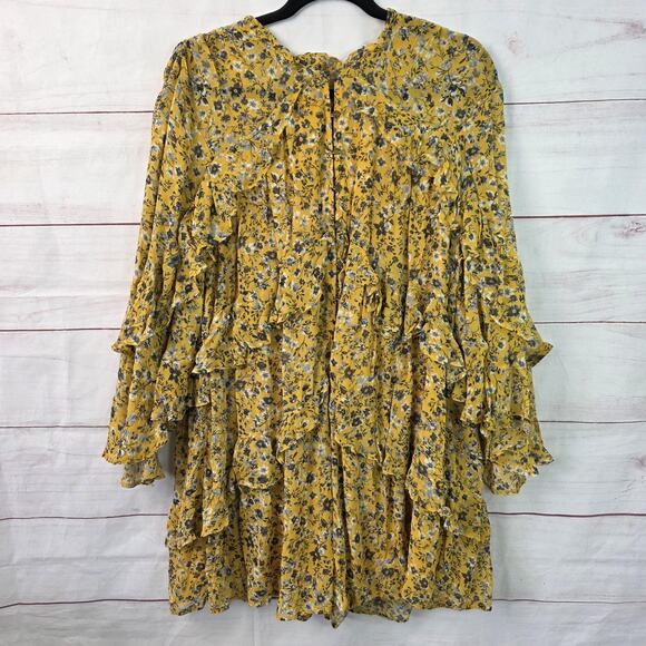 Anthropologie Romper Womens Medium Yellow Floral Long Sleeve Ruffle Tiered Boho - Picture 1 of 16